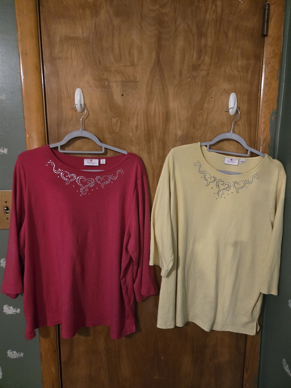 Quacker Factory Rhinestone Boatneck Tops - Pink and Light Yellow